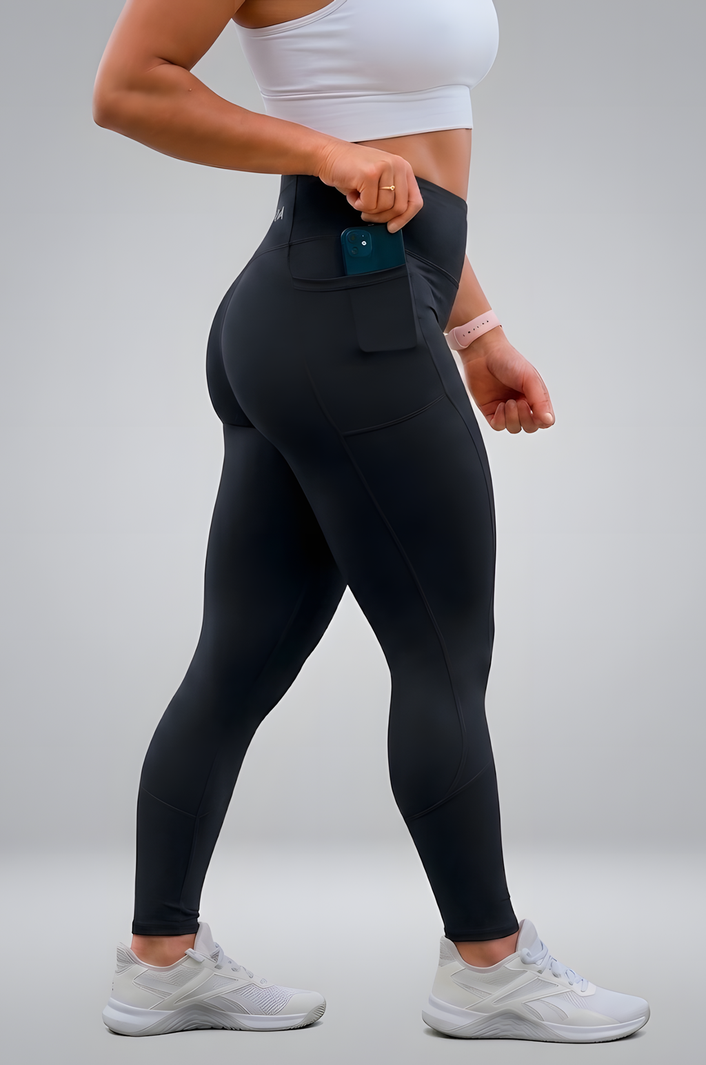 Valerie high-waisted compression leggings in Midnight Black, shown on model