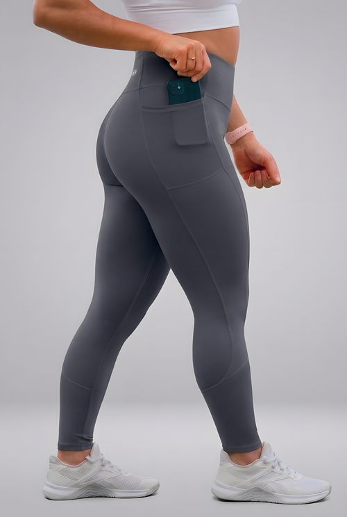 Valerie high-waisted compression leggings in Charcoal Gray, shown on model