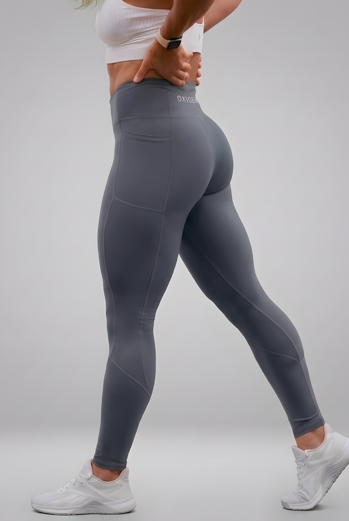 Valerie compression leggings in Charcoal Gray, dual side utility pockets